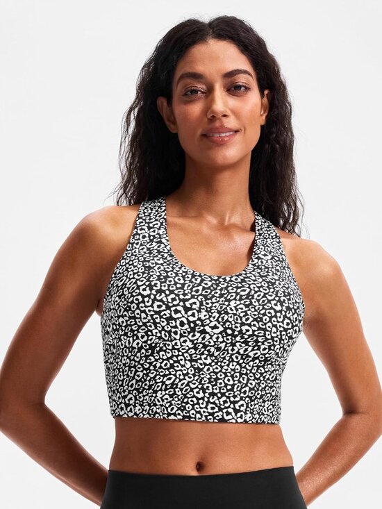 👑 Women's White Leopard Sports Bra Longline Wirefree Padded Medium Cropped Tops - Picture 2 of 6